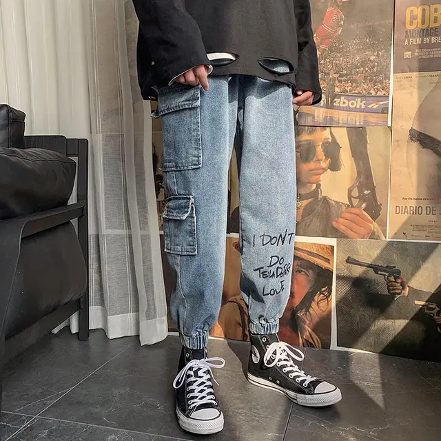 Hip Hop Elastic Waist Loose Cropped Harem Pants Light Blue - Shop at LoveMi