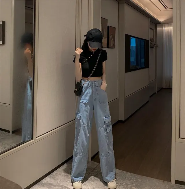 High Waist All Match Student Tooling Denim Straight Leg Trousers Blue - Shop at LoveMi