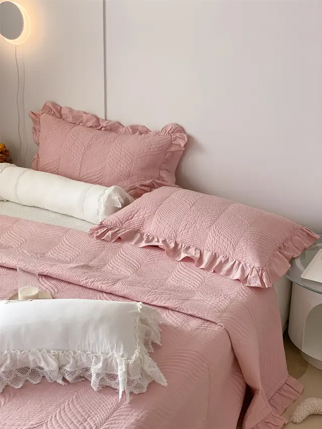 Double Sided Cotton Leaf Quilted Three Piece Set With Ruffled Sand Washing Bed Cover Pink - Shop at LoveMi