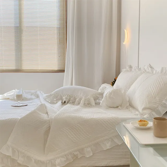Double Sided Cotton Leaf Quilted Three Piece Set With Ruffled Sand Washing Bed Cover White - Shop at LoveMi