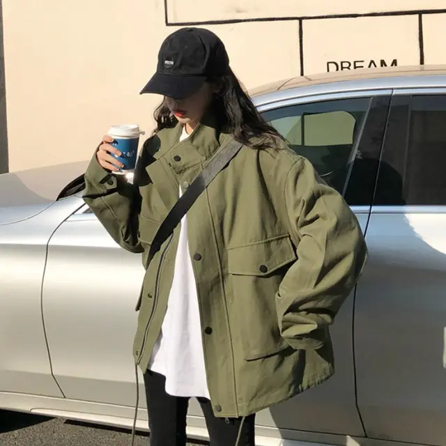 Women's Loose Casual Tooling Windbreaker Jacket Army Green - Shop at LoveMi