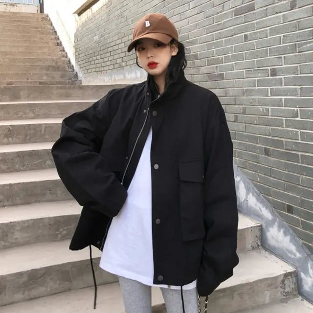 Women's Loose Casual Tooling Windbreaker Jacket Black - Shop at LoveMi