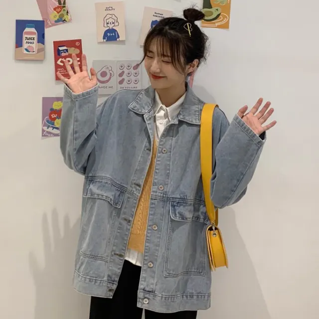 Slim Mid Length Blue Long Sleeved Denim Jacket Blue - Shop at LoveMi