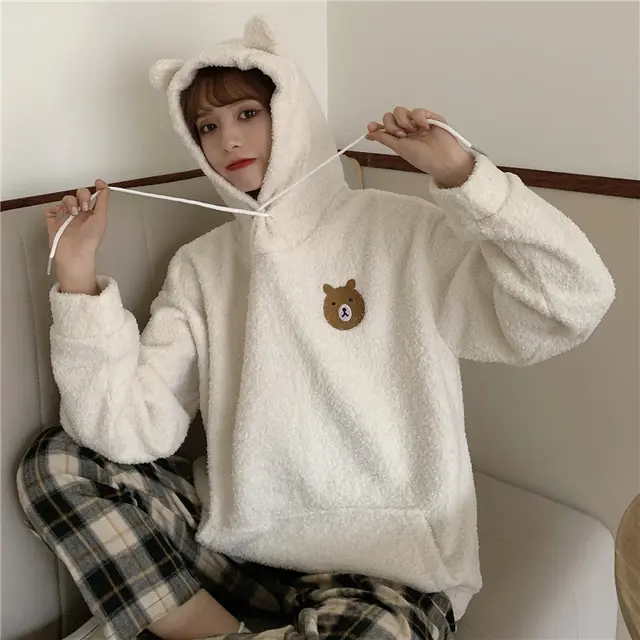 Thick Lamb Velvet Embroidered Bear Hooded Autumn And Winter Plus Velvet Sweater Apricot - Shop at LoveMi