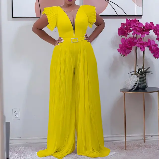 Plus Size Women's Casual Chiffon Pleated Jumpsuit Yellow - Shop at LoveMi
