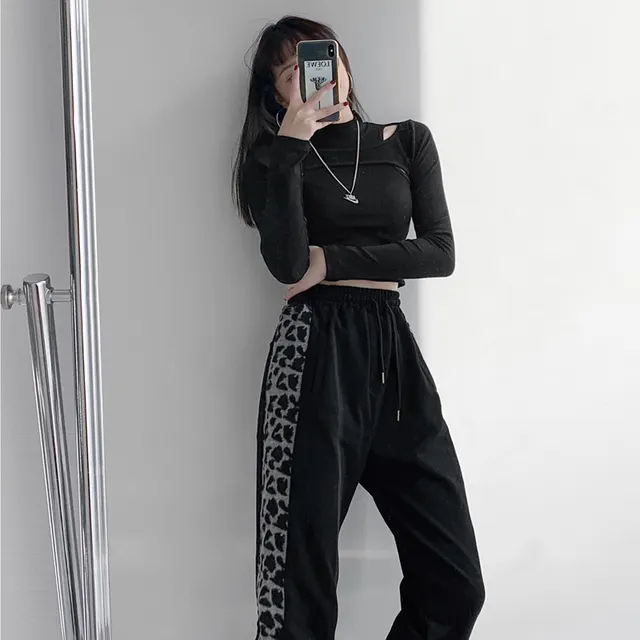 Leopard Print Track Pants With Elasticated Waist Drawstring Black - Shop at LoveMi