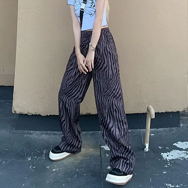 Retro Casual Pants Net Red Zebra Pattern Loose Wide leg Straight leg Pants Khaki - Shop at LoveMi