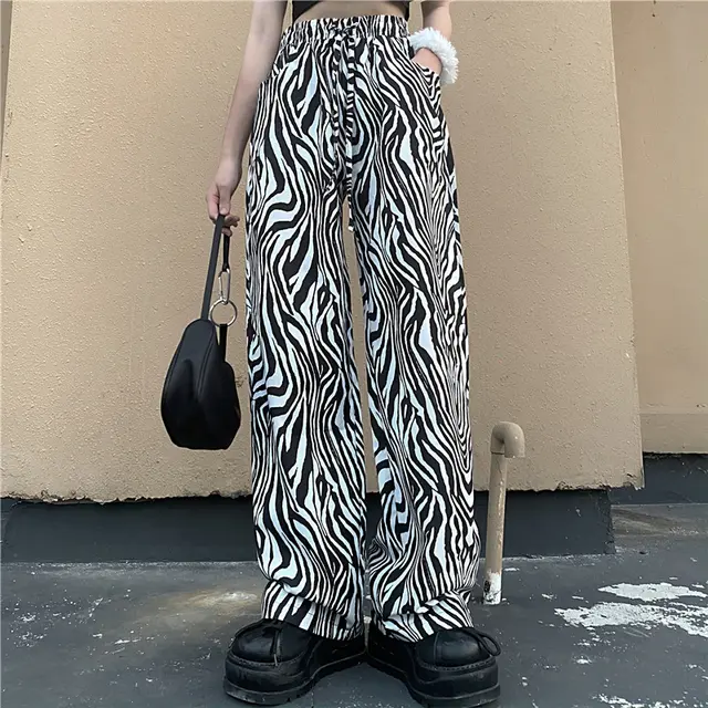 Retro Casual Pants Net Red Zebra Pattern Loose Wide leg Straight leg Pants White - Shop at LoveMi