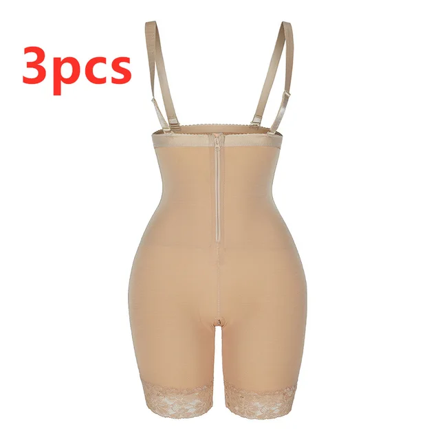 High Waist Lace Crotch Hip Lifting Pants With Shoulder Straps Plus Size Tummy Panties Skin Color3Pcs - Shop at LoveMi