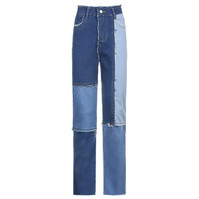 High rise Drape Straight leg Jeans With Raw Edges In Colorblock Blue - Shop at LoveMi