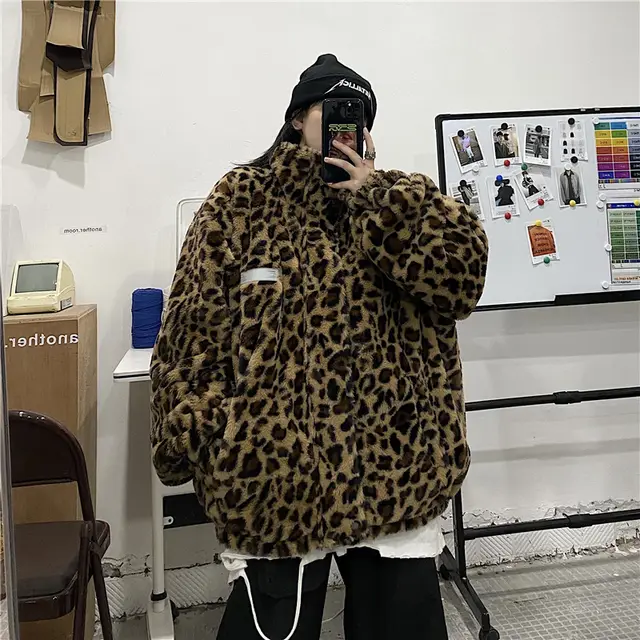 Loose Leopard Print Double sided Trendy Reflective Jacket Photo Color - Shop at LoveMi