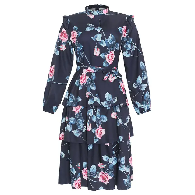 Plus size women's retro print long sleeved fresh and sweet holiday style lace up dress Dark Blue - Shop at LoveMi