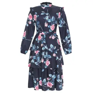 Plus size women's retro print long-sleeved fresh and sweet holiday style lace-up dress - Dark Blue