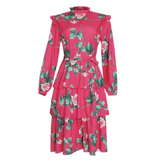 Plus size women's retro print long-sleeved fresh and sweet holiday style lace-up dress - Red