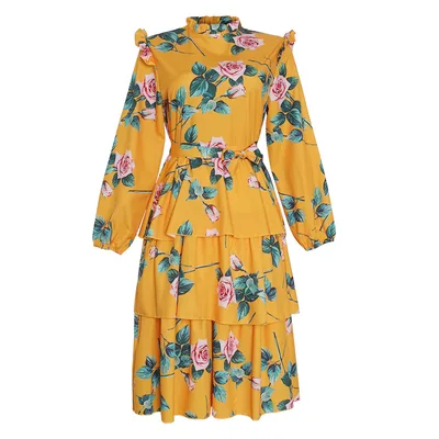 Plus size women's retro print long sleeved fresh and sweet holiday style lace up dress Yellow - Shop at LoveMi