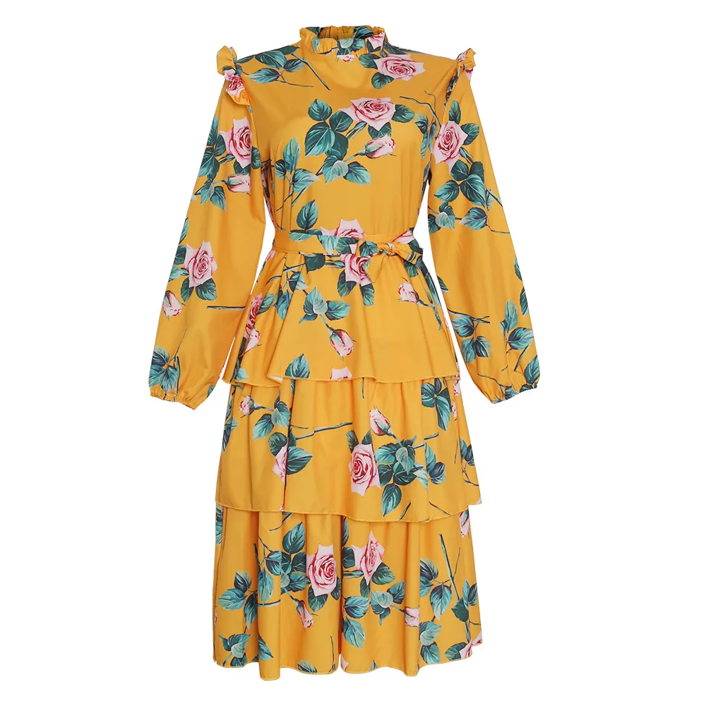 Plus size women's retro print long-sleeved fresh and sweet holiday style lace-up dress - Yellow