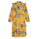 Plus size women's retro print long-sleeved fresh and sweet holiday style lace-up dress - Yellow