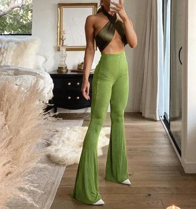Cryptographic Vintage Sexy Fitness High Waist Rise Flare Pants Green - Shop at LoveMi