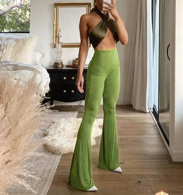 Cryptographic Vintage Sexy Fitness High Waist Rise Flare Pants - Green