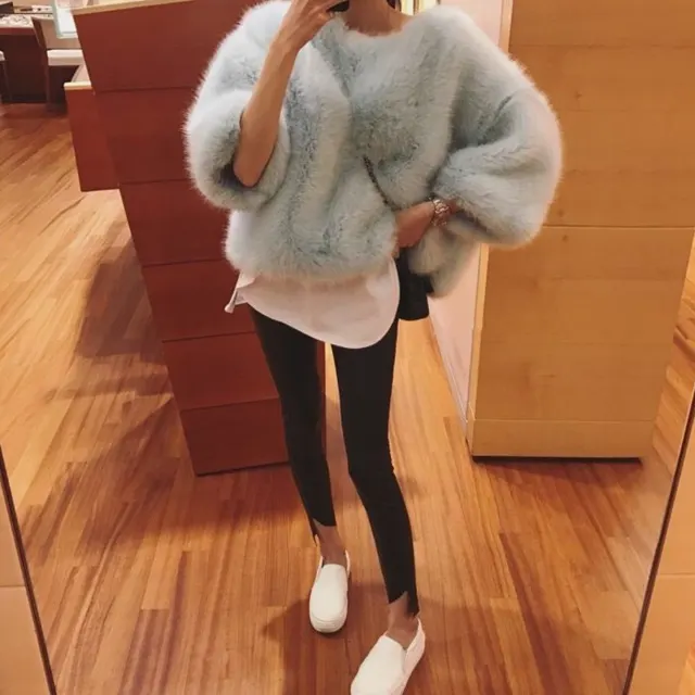 Korea Autumn And Winter Net Red Furry Tops Faux Plush Sweater Women Light Blue - Shop at LoveMi