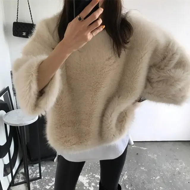 Korea Autumn And Winter Net Red Furry Tops Faux Plush Sweater Women Off White - Shop at LoveMi