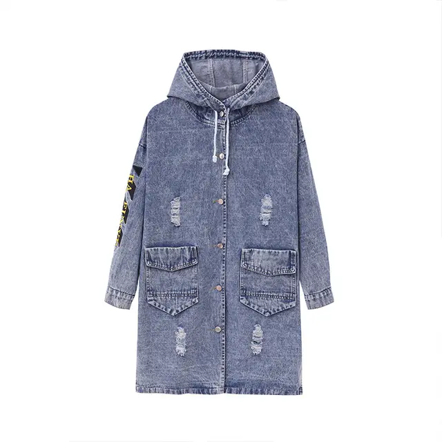 Letter Embroidered Hooded Western Style Denim Jacket Blue - Shop at LoveMi