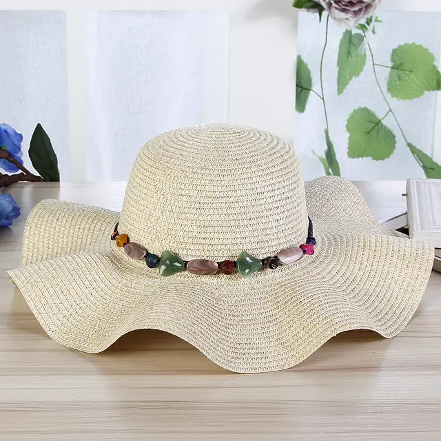 Hand Woven Read Strange Stone Decorative Straw Hat Woman Beige - Shop at LoveMi