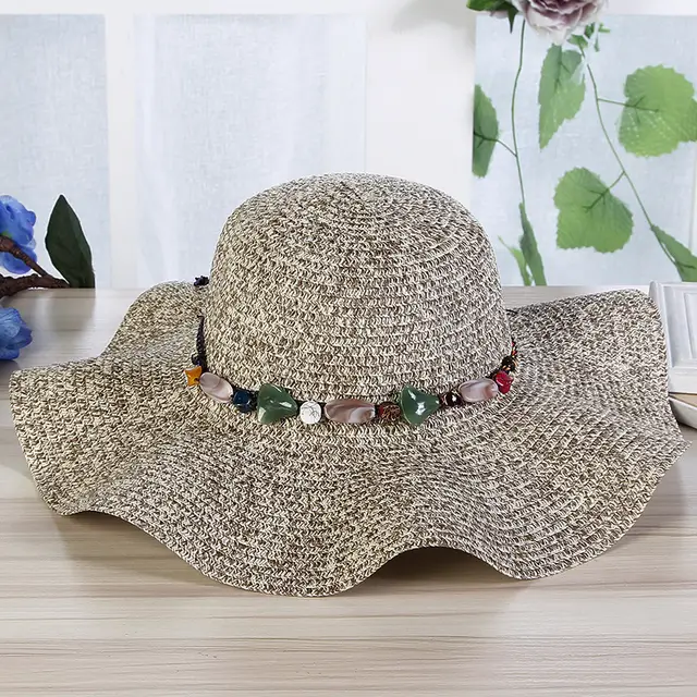 Hand Woven Read Strange Stone Decorative Straw Hat Woman Khaki - Shop at LoveMi