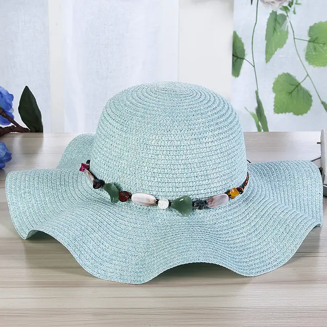 Hand Woven Read Strange Stone Decorative Straw Hat Woman Sky Blue - Shop at LoveMi