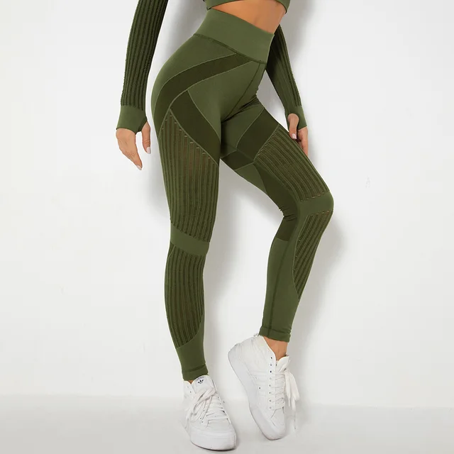 Seamless Mesh Knit Yoga Leggings High Waist Hip Lifting Sports Fitness Pants Army Green - Shop at LoveMi