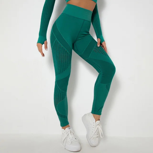 Seamless Mesh Knit Yoga Leggings High Waist Hip Lifting Sports Fitness Pants Green - Shop at LoveMi