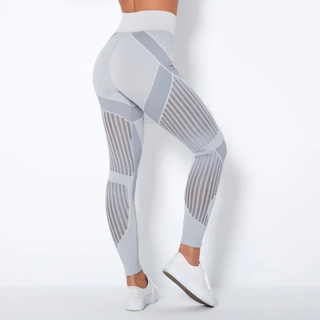 Seamless Mesh Knit Yoga Leggings High Waist Hip Lifting Sports Fitness Pants Light Grey - Shop at LoveMi
