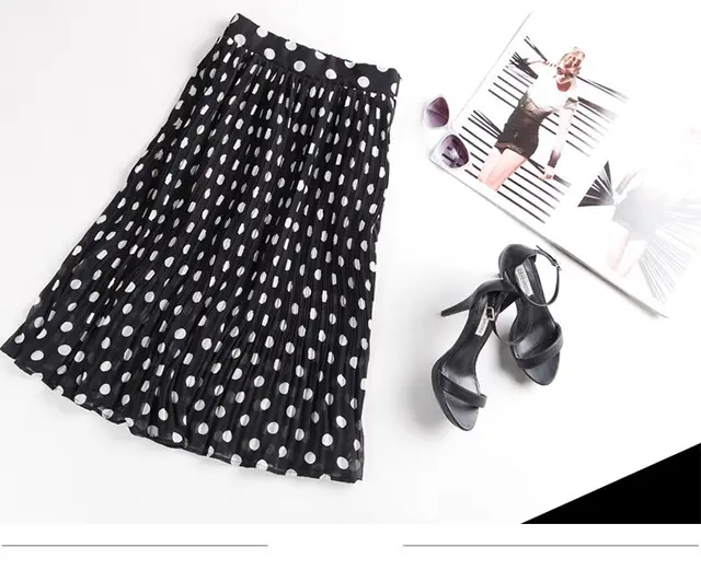 Large Size Polka Dot Pleated Skirt Chiffon Skirt Black - Shop at LoveMi