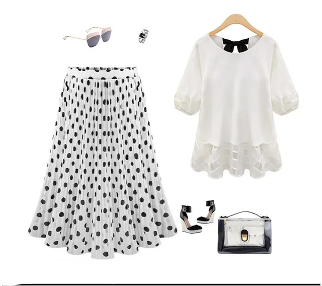 Large Size Polka Dot Pleated Skirt Chiffon Skirt White - Shop at LoveMi
