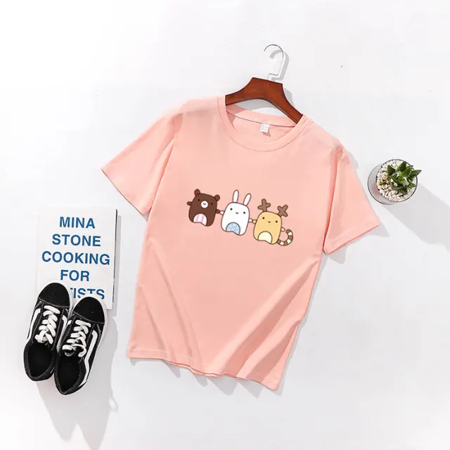 Cute Animal Print Loose Half Sleeve Shrimp Pink - Shop at LoveMi