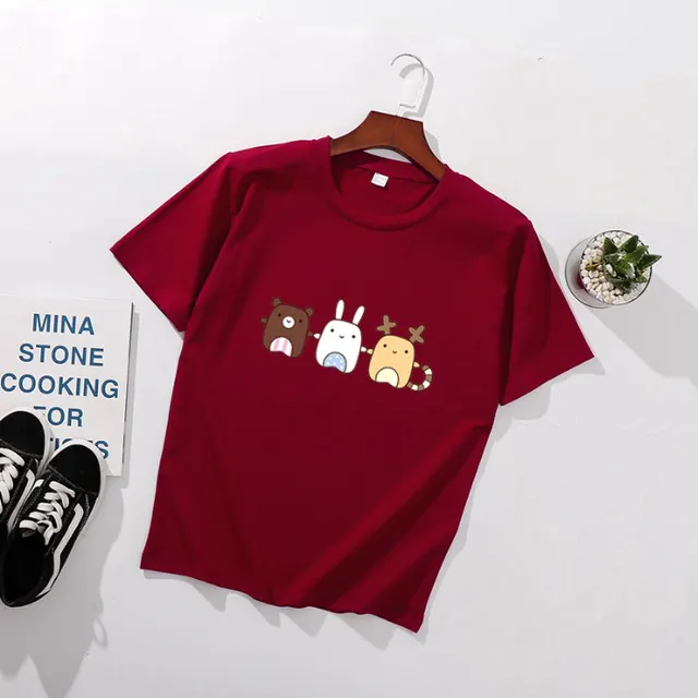 Cute Animal Print Loose Half Sleeve Wine Red - Shop at LoveMi