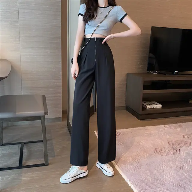 Straight High Waist Slimming Casual Drape Wide Leg White Suit Pants Black - Shop at LoveMi