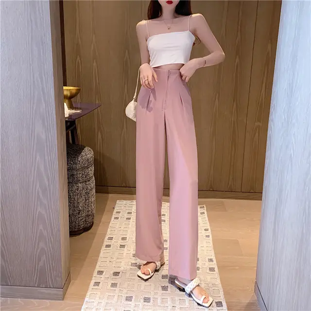 Straight High Waist Slimming Casual Drape Wide Leg White Suit Pants Pink - Shop at LoveMi