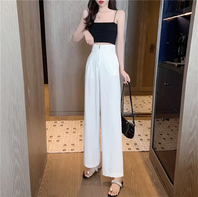Straight High Waist Slimming Casual Drape Wide Leg White Suit Pants White - Shop at LoveMi