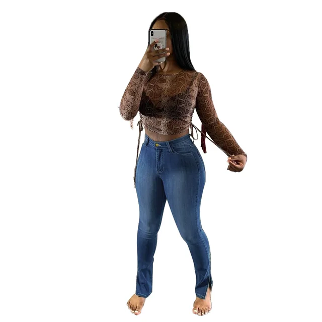 Jeans High Rise Slim Fit Split Leg Pants Dark Blue - Shop at LoveMi