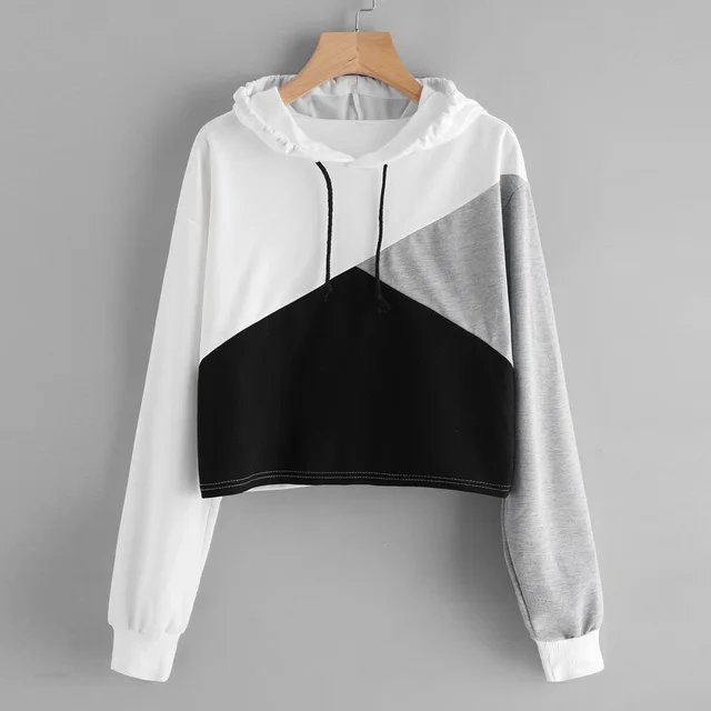 Color blocking Long sleeved Hat Cotton Sweatshirt Black - Shop at LoveMi