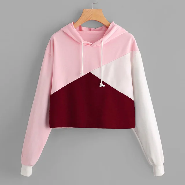 Color blocking Long sleeved Hat Cotton Sweatshirt Wine Red - Shop at LoveMi