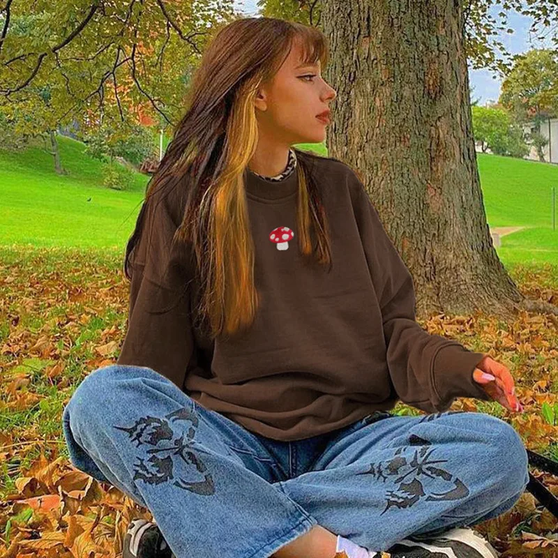 Women's Embroidered Loose Round Neck Sweatshirt Red - Shop at LoveMi