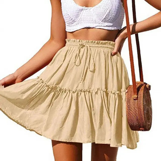 Fashion Retro Solid Color Casual Drawstring Ruffle Skirt Apricot - Shop at LoveMi