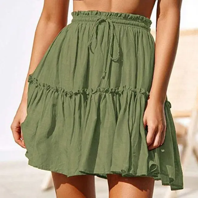 Fashion Retro Solid Color Casual Drawstring Ruffle Skirt Green - Shop at LoveMi