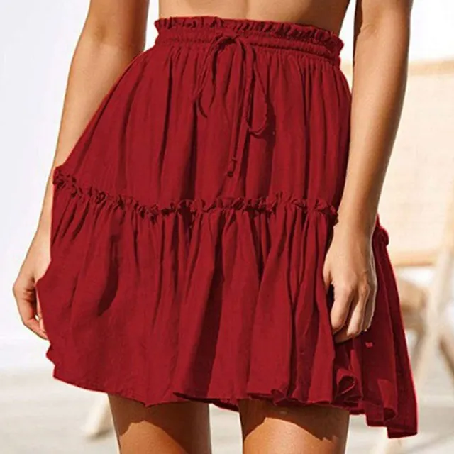 Fashion Retro Solid Color Casual Drawstring Ruffle Skirt Wine Red - Shop at LoveMi