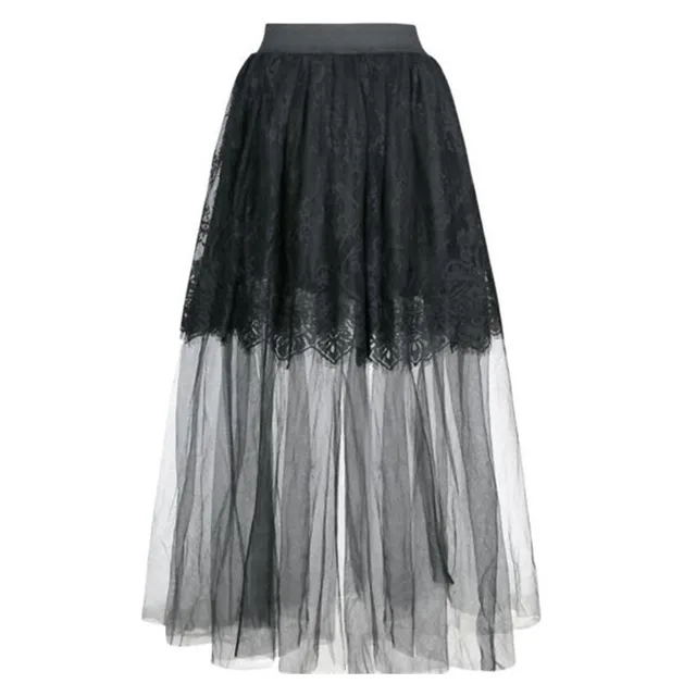 Lace Mesh Stitching A line Pleated Long Skirt Black - Shop at LoveMi
