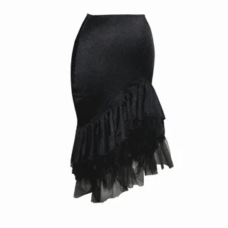 High Waist Solid Color Lace Fine Mesh Pleated Split Fishtail Skirt - Black