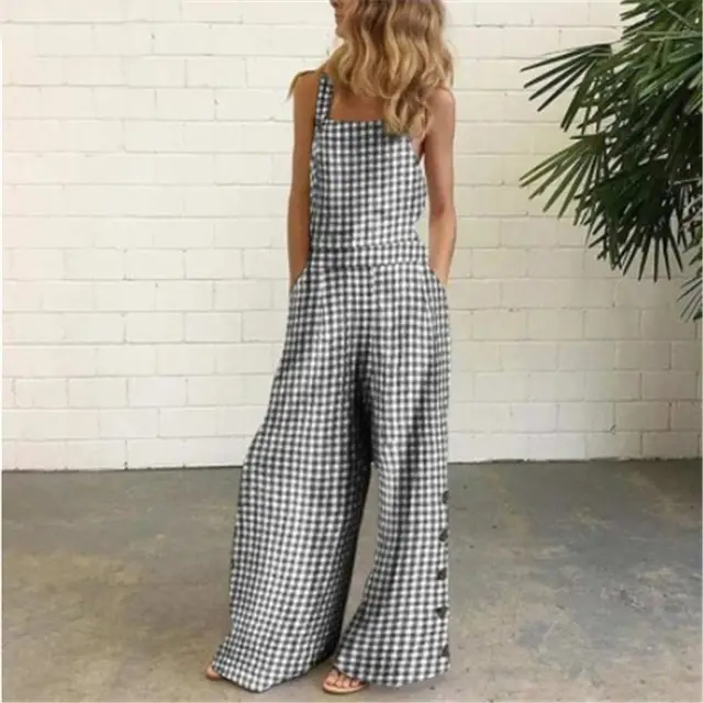 Checked Side Pocket Wide Leg Trousers Casual Jumpsuit Black - Shop at LoveMi