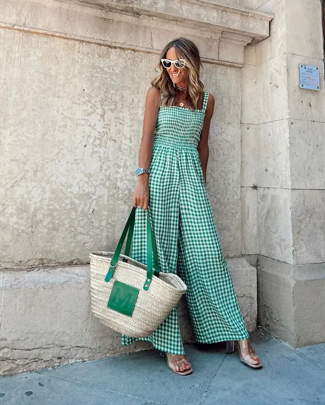 Checked Side Pocket Wide Leg Trousers Casual Jumpsuit Green - Shop at LoveMi